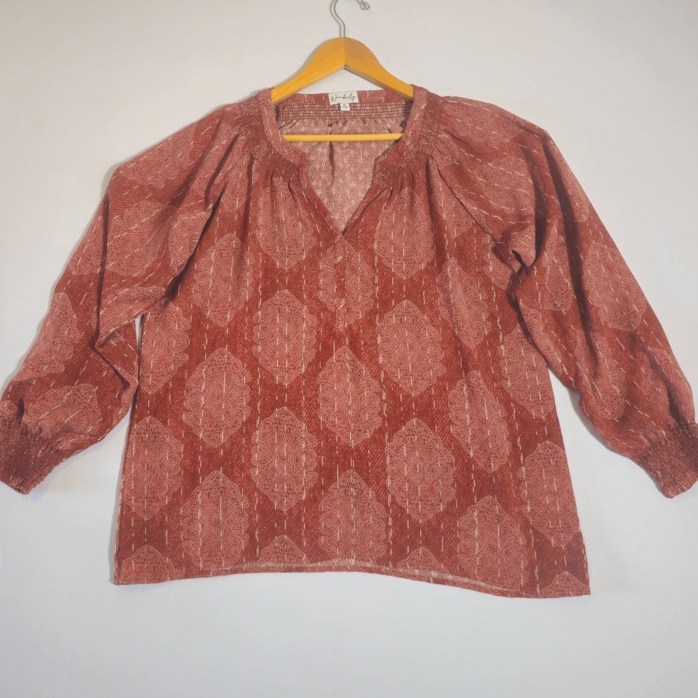 Wonderly Women's M Brown Medallion Peasant Top Long Sleeve Boho Prairie V-Neck